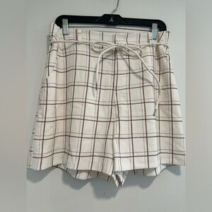 Mare Mare x Anthropologie SzM Plaid Ivory High Rise Shorts Faux Leather Tie Belt